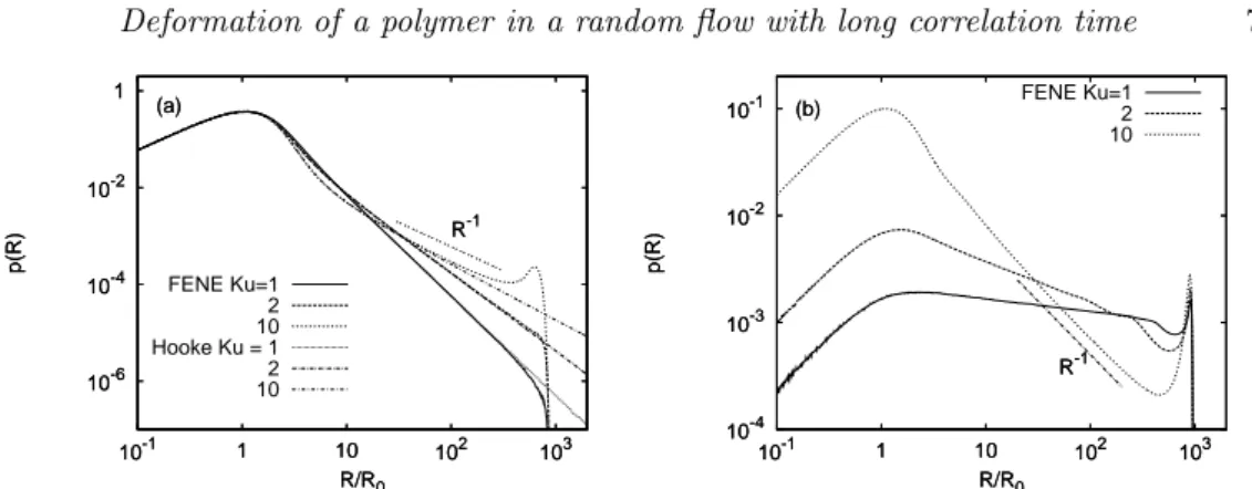Figure 3. PDFs of polymer elongation, p(R) for the FENE model at various values of Ku for Wi = 1/4 (panel (a)) and Wi = 1 (panel (b))