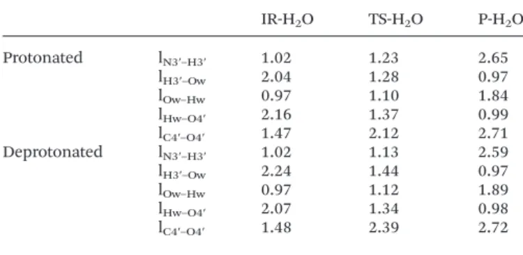 Fig. 4 Optimized geometries of IR-H 2 O, TS-H 2 O and P-H 2 O in the case of a protonated phosphate group.