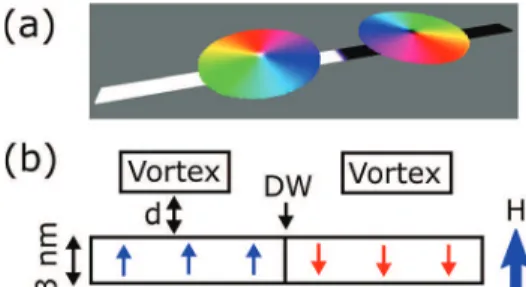 FIG. 1. System schematics. (a) 2 vortices above a DW-containing strip in the zero external field (visualized using Muview2 10 )