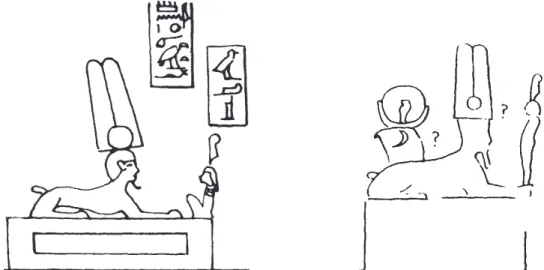 Fig. 8-9.  Amon-Rê-Kamoutef-sphinx à tête humaine et Amon-sphinx à tête humaine et tête adventice  de Khonsou, d’après N
