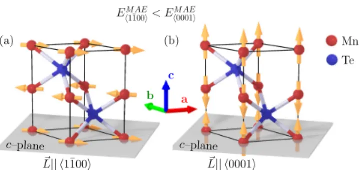 FIG. 1. Sketch of the atomic and possible magnetic structures of antiferromagnetic hexagonal MnTe