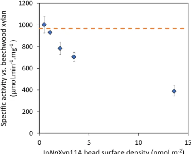 Figure 2.  Specific activity of immobilized InNpXyn11A against beechwood xylan as a function of the surface  density of InNpXyn11A on the beads