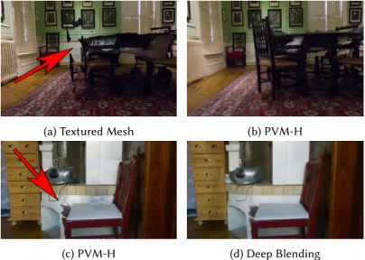 Fig. 4. Top left: The textured mesh is missing the chair. Top right: Per-view meshes are able to reconstruct the missing detail