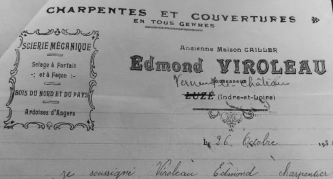Figure 1 – En-tête de courrier, « Edmond Viroleau, charpentier à   Verneuil-sur-Indre (Indre-et- (Indre-et-Loire), le 26 octobre 1936 »