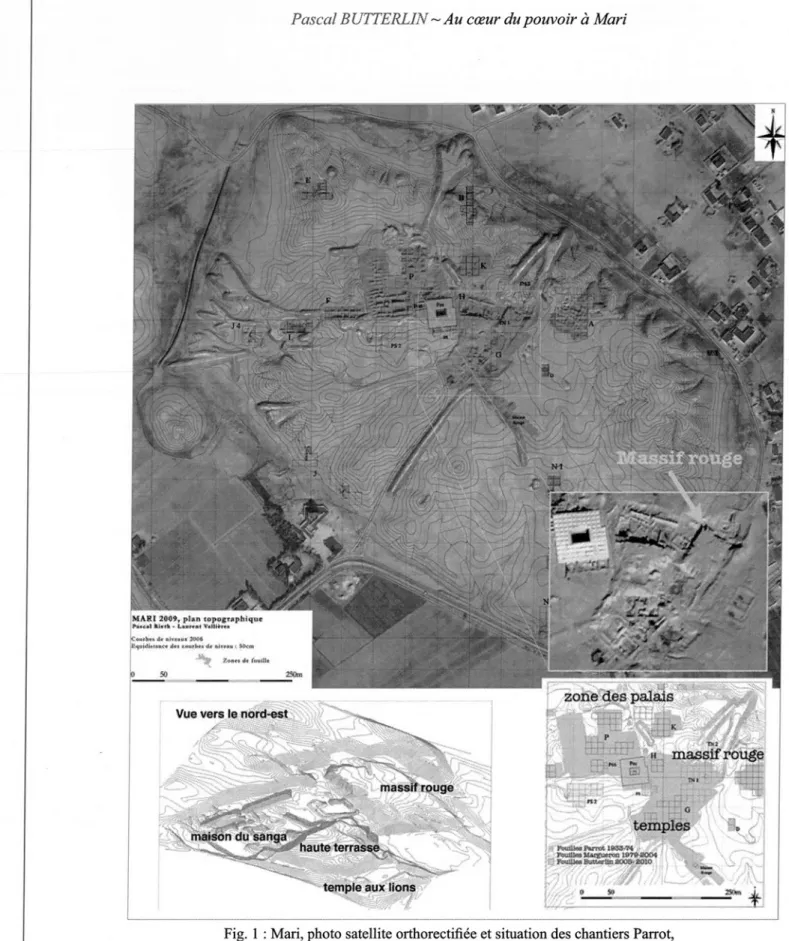 Fig.  1  :  Mari, photo satellite orthorectifiée et situation des chantiers Parrot,  (M ission archéologique française de Mari).
