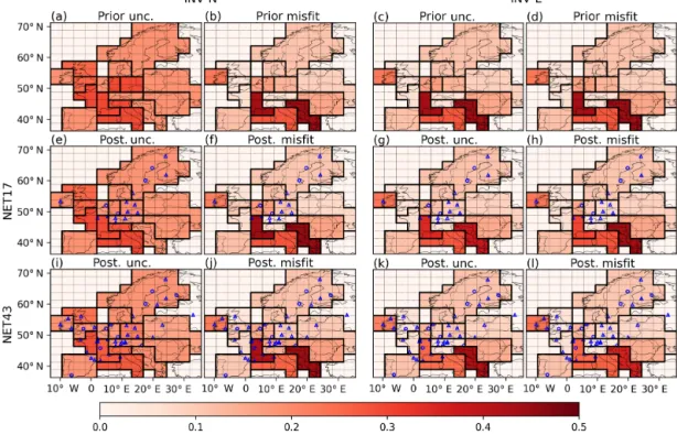 Figure 5. Average monthly relative prior and posterior uncertainties and misfits of FFCO 2 emissions over regions delineated by black lines, using the NET17 and NET43 networks and 2-week sampling for INV-N (first and second columns) and INV-E (third and fo