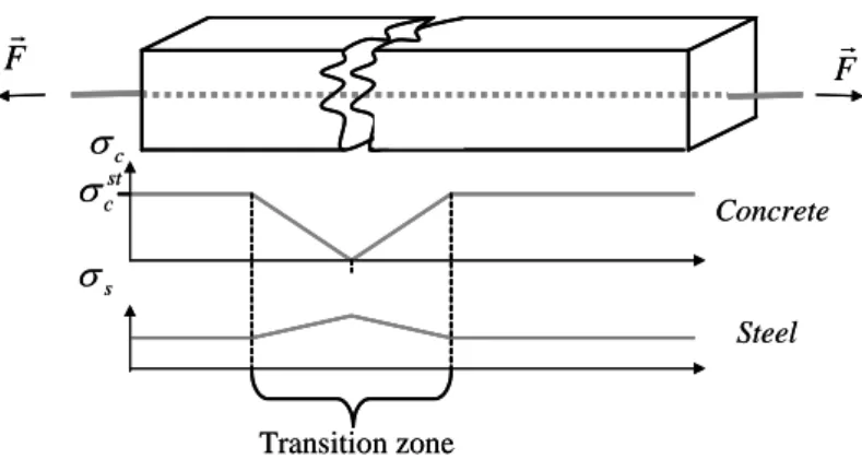 Figure 1.  Distribution of stresses in steel and concrete in a reinforced concrete tie after the first crack (  c