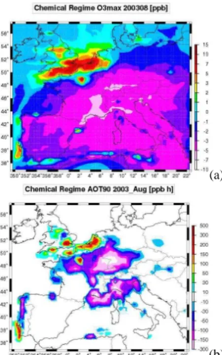 Fig. 6. Chemical regime simulations for August 2003: (a) chemical regime for daily ozone maximum, (b) chemical regime for AOT90.