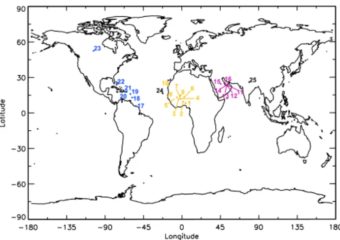 Fig. 8. Location of selected AERONET dusty sites based on the climatology built from the multi-annual database 1996–2006.