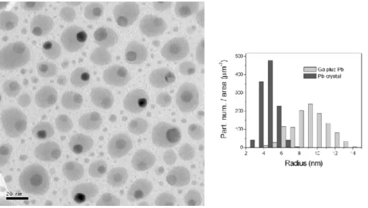 Figure 1 displays the general appearance of the Ga-Pb nanosystem as observed by TEM in the  case   of   sample   E1:   Ga 0.85 Pb 0.15   corresponding   to   the   successive   deposition   of   layers   of  equivalent thicknesses: 3.2nm for Ga and 0.8nm f