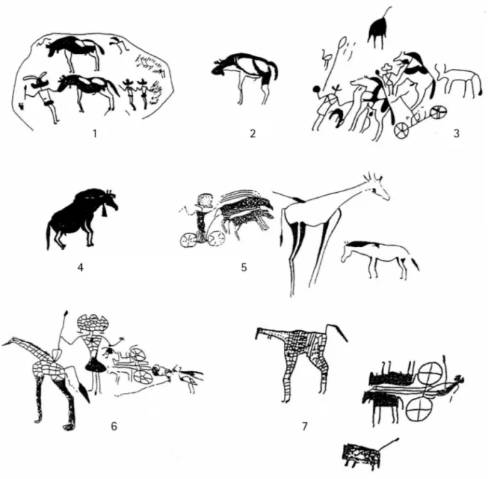 Fig. 5 – Les premières représentations gravées de chevaux dans l’Adrar des Iforas   (1 et 2 – Issamadanen ; 3 – Asenkafa) et dans l’Aïr (4 et 7 – Tagueï ; 5 – Emouroudou ; 6 – Iwelen)