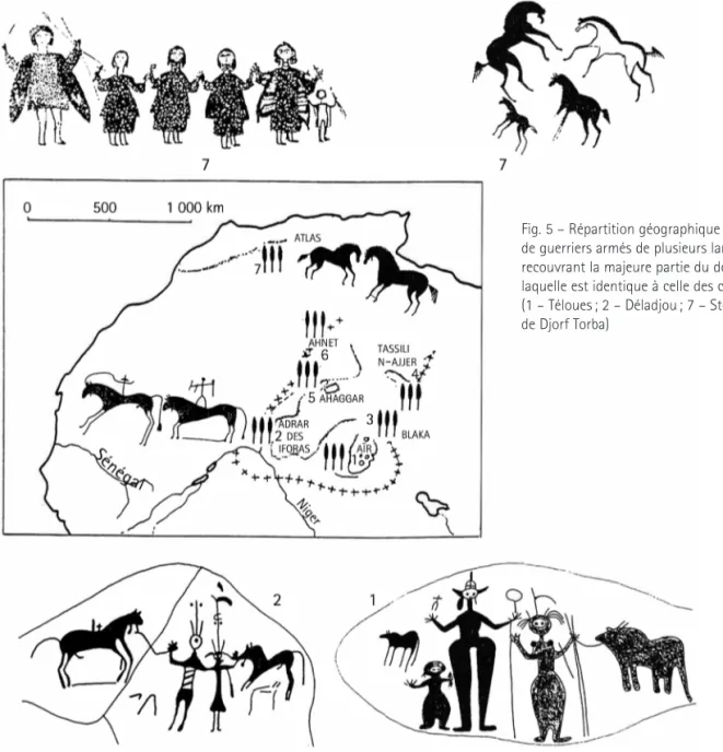 Fig. 5 – Répartition géographique des représentations   de guerriers armés de plusieurs lances ou javelots   recouvrant la majeure partie du domaine touareg (++++),  laquelle est identique à celle des chevaux du style levretté   (1 – Téloues ; 2 – Déladjou