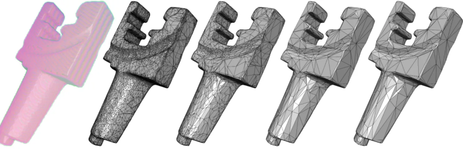 Figure 14: Blade. From left to right: Input tolerance (δ = 0.6%); Z after refinement (20.4k vertices); simplification of ∂Γ (5.3kv); mutual tessellation and simplification of Z (1.01kv); and the final output (752v).