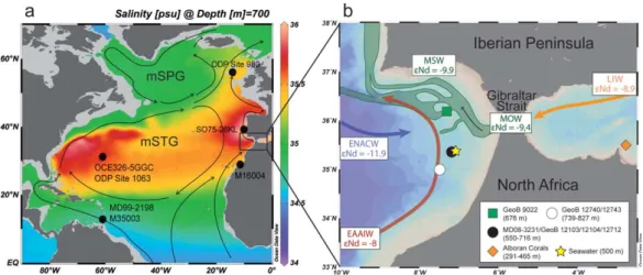 Figure 1. (a) Salinity (psu) contour map of the Atlantic Ocean at 700 m water depth (Ocean Data View; WOA 2013 data set)