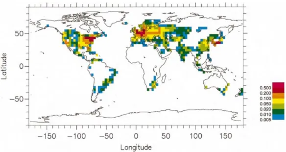 Fig. 1. Horizontal distribution of SF 6 emissions. The emissions are representative for January 1980