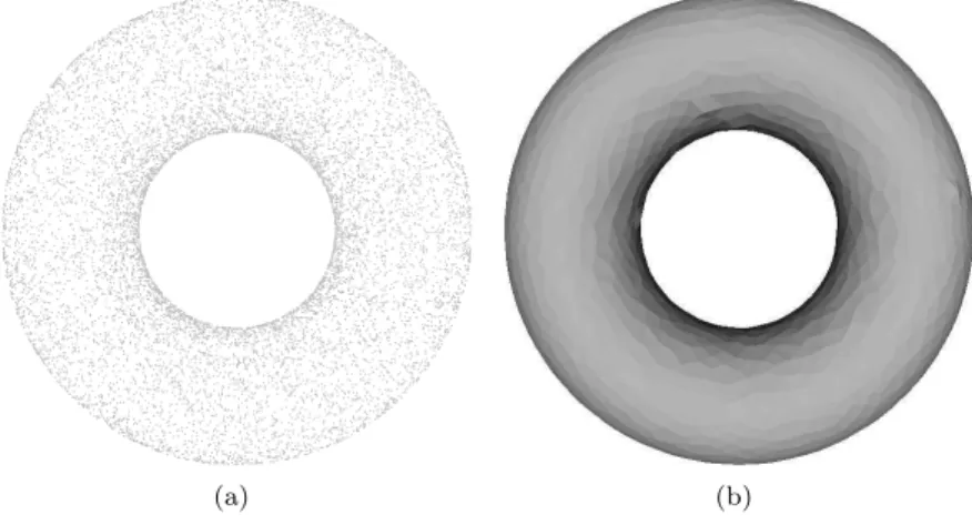 Figure 7: Using the noise free version (a) of the Torus dataset (10,000 points), the surface on (b) is generated using our method.