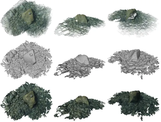 Figure 16: Shallow water dataset reconstruction. From first to last row: point set (1,856,271 points), meshed surface, and textured surface.