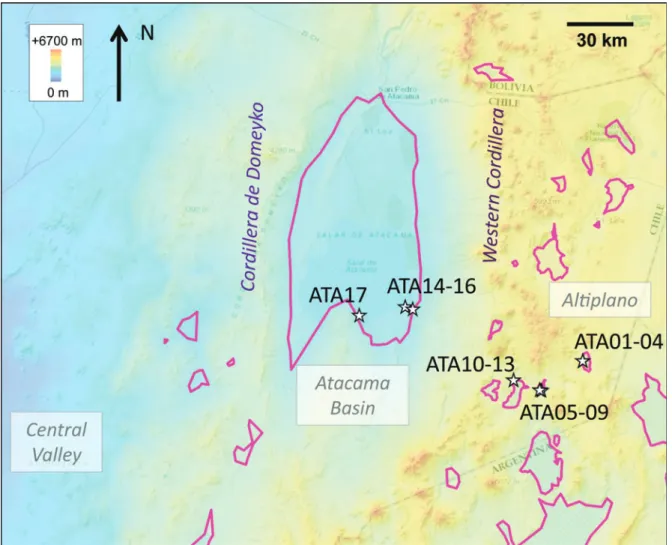 FIG. 1. Location of the study area within the Atacama Desert. ASTER GDEM is overlain in rainbow scale over the ArcGIS world topographic map (ArcGIS world imagery maps, ESRI/DigitalGlobe)