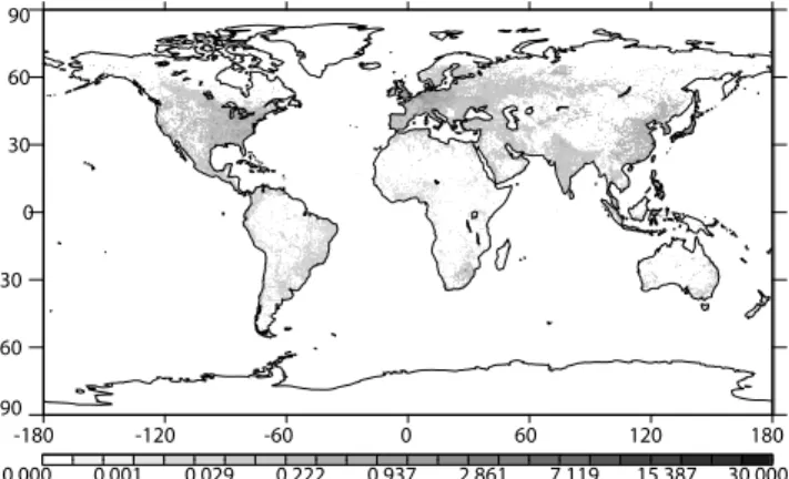Figure 3. Fossil fuel emissions for 2002 (kgC m −2 yr −1 ) at 0.25° resolution. The calculation uses the spatial distribution of nightlights and national emissions data