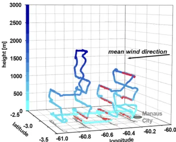 Fig. 2. 3-D plot of Flight #18 on 19 July 2001. After takeoff at the airport of Manaus the flight pattern was set up as a Lagrangian experiment with a series of stacked horizontal profiles (with 3–6 crosswind transects each) in the urban outflow at success