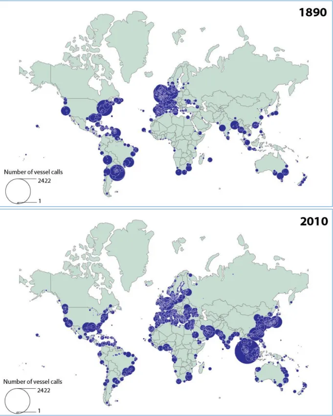 Figure 1. Maritime traffic at port cities of the world, 1890 and 2010  Source: own elaboration based on Lloyd’s List data 