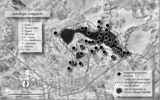 Fig. 17. Aréologie comparée de l’ensemble des sculptures zoomorphes en pierre, des molettes zoomorphes, des « monuments en trou de serrure » et de l’école d’Iheren-Tahillâhi (ces deux derniers traits d’après Gauthier 2006, fig