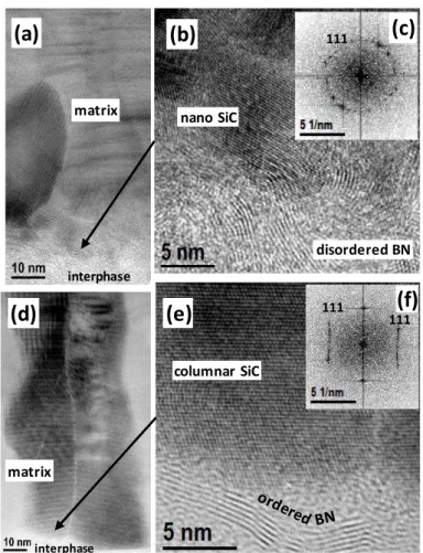 Fig.  7.  HRTEM  observations  of  the  SiC  matrix  and  the  interface with  the  BN  interphase