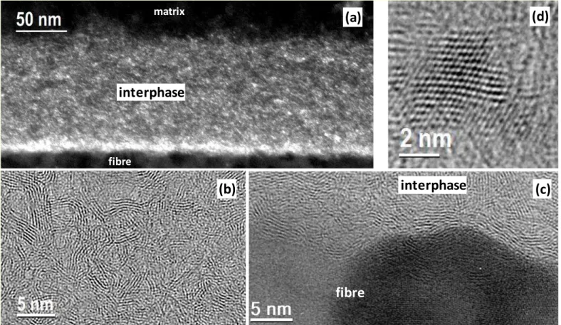 Fig.  5.  TEM  observations  of  9/N/t  sample:  (a)  DF  image,  (b-d)  HRTEM  images  of  the  interphase,  the  fibre- fibre-interphase interface area and a BN crystallite, respectively 