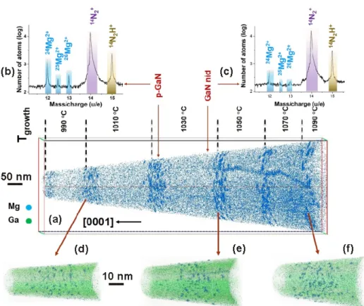 Figure 2: APT 3D reconstruction of the analysed tip. (a) 3D distribution of Mg detected atoms in all the evaporated layers including doped and undoped from 990 ◦ C to 1090 ◦ C