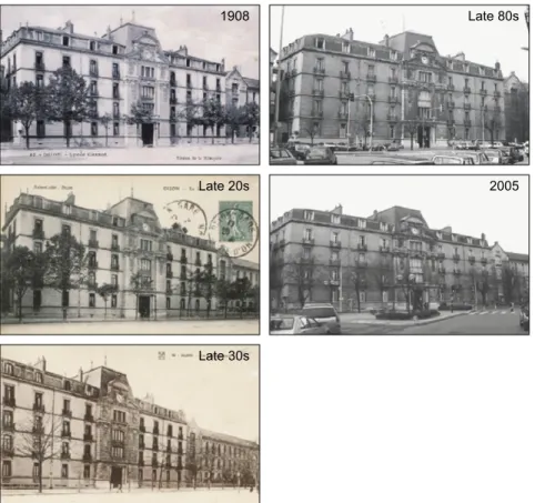 Fig. 5. Archival photographs of Carnot College, main entrance. Dates for postcards are estimated on the basis of the stamp or postage date.