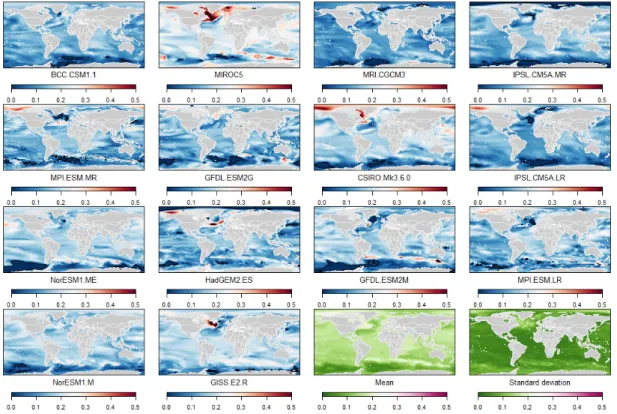 Figure A1. Sterodynamic sea-level changes (in m, for 2099 with respect to 1986–2005) for each climate  model used in this study, their mean and standard deviation, for RCP2.6