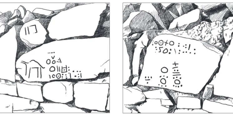 Fig. 7. Engraving of a camel and  typical Tifinagh inscriptions on slabs  included in the upper part of a wall of  the Abalessa mausoleum (CAD JLLQ  after Lhote, 1949: pl