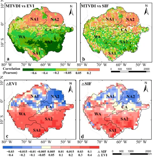 Figure 9. The spatial pattern of the correlation between seasonality of MTVDI and seasonality of  (a) Enhanced Vegetation Index (EVI) and (b) Solar-Induced Chlorophyll Fluorescence (SIF)