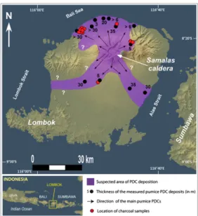 Fig. 1. Distribution of PDCs from the Samalas eruption and location of charcoal samples used for radiocarbon dating.