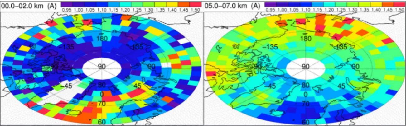 Figure 4: Map of the 532 nm backscatter ratio using the April 2008 filtered level 1 CALIOP data in the 0–2  km (left) and in the 5–7 km (right) altitude range