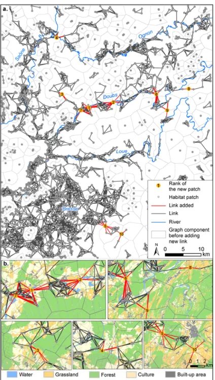 Figure 2: Location of ten new ponds  maximizing connectivity using the  landscape approach