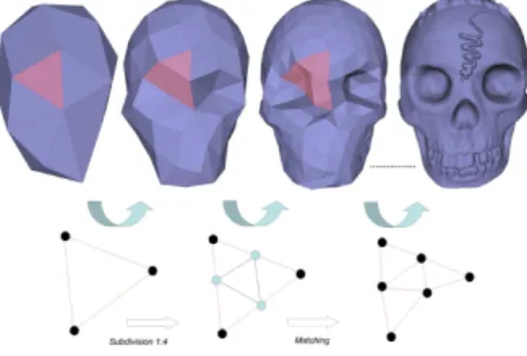 Fig. 1. Up: a semi-regular mesh, from the lowest to the highest resolution. Bottom: the connectivity subdivision.