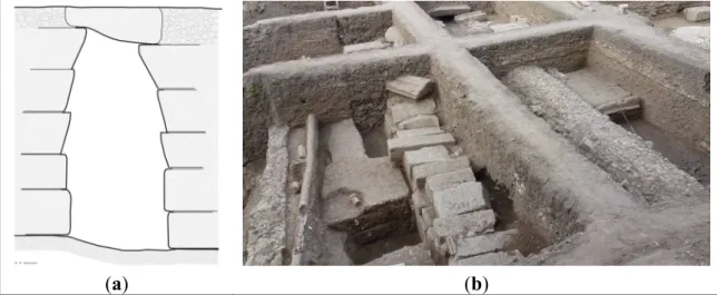 Figure 6. Parts of sewers and drains in Hellenistic Agoras: (a) Cross section of a bridged  sector of the Great Drain in Athens G