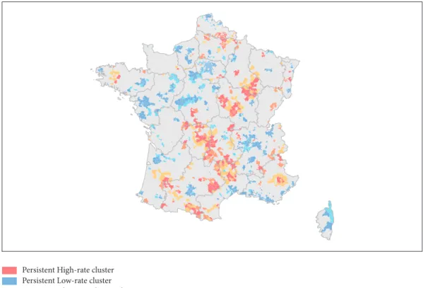 Figure 1: Clusters of age-sex-adjusted stroke hospitalization rate in France, 2009-2010 and 2012-2013.