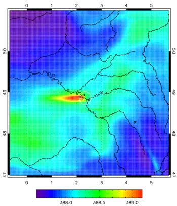 Figure 1. Simulation of XCO 2 (in ppm) over the CHIMERE do- do-main used in this study, on 7 October 2010 at 11:00 and at 2 km resolution using the operator described in Sect