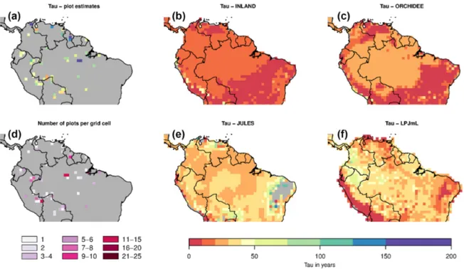 Figure 7. Estimates of woody biomass residence time (τ ) from forest plots in 1 ◦ × 1 ◦ pixels