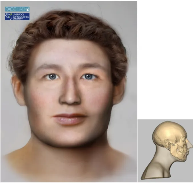 Fig 2. The left picture shows the facial depiction of SK196 while the right picture shows the profile view of the textured skull of the same woman.