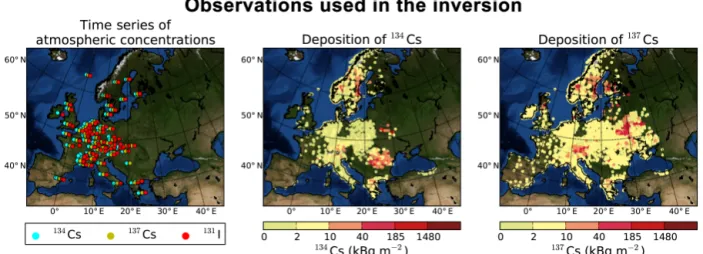 Figure 3. Locations of atmospheric activity concentration measurements of 134 Cs, 137 Cs and 131 I and deposition locations and levels of 134 Cs and 137 Cs over Europe adopted from Evangeliou et al