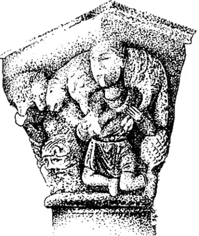 Fig.  4 - Chapiteau  de  l'église  de  Saint-Nectaire  (Puy-de-Dôme),  représentant deux personnages  tirant  la  langue,  aux genoux pliés jusqu'au sol sous  le poids  d'un  mouton  énorme,  et entre  lesquels  se  trouve  une  tête de diable