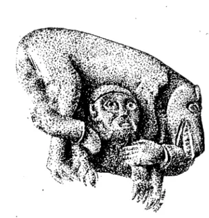 Fig.  5 - Chapiteau  de  lëglise  dlssoire  (Puy-de- (Puy-de-Dôme)  montrant un personnage  tirant la  langue,  et  ployant sous le poids d'un mouton gigantesque