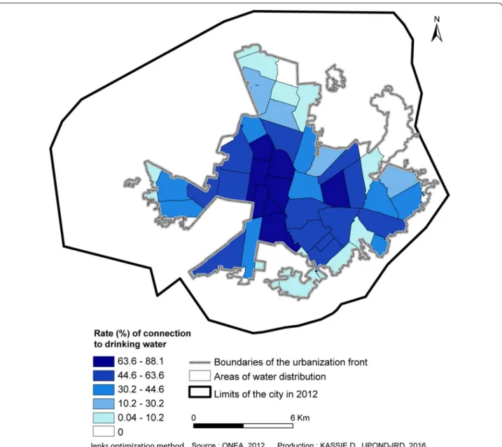 Fig. 3  Rate of connection to drinking water in the serviced areas defined by ONEA in Bobo‑Dioulasso in 2012