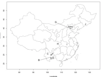 Figure 1.  Geographic distribution of the sampling sites in China. A: Kunming - Fumin, B: Shiping, C: Dali, D: 