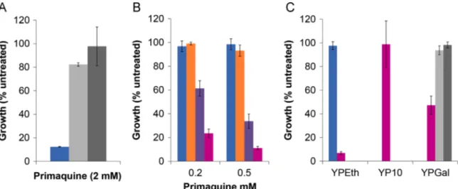 Fig. 1. Inhibitory effect of primaquine on yeast growth. Yeast wt and mutant strains were grown in different culture media in the absence or presence of PQ