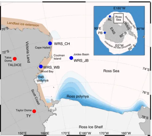 Fig. 1 Location of the studied marine and ice core sites in the WRS area. The TALDICE and Taylor Dome (TY) ice cores and the Joides Basin (WRS_JB), Cape Hallett (WRS_CH) and Wood Bay (WRS_WB) sediment cores are indicated in the map