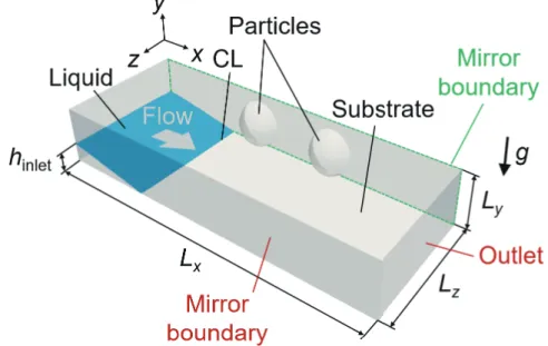 Figure 1: Computational domain of spreading liquid film on horizontal substrate with two particles.